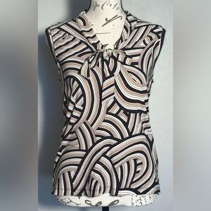 Anne Klein XS Latte Combo Neutral Geometric Sleeveless V-Neck Blouse w/ Bow NWT
